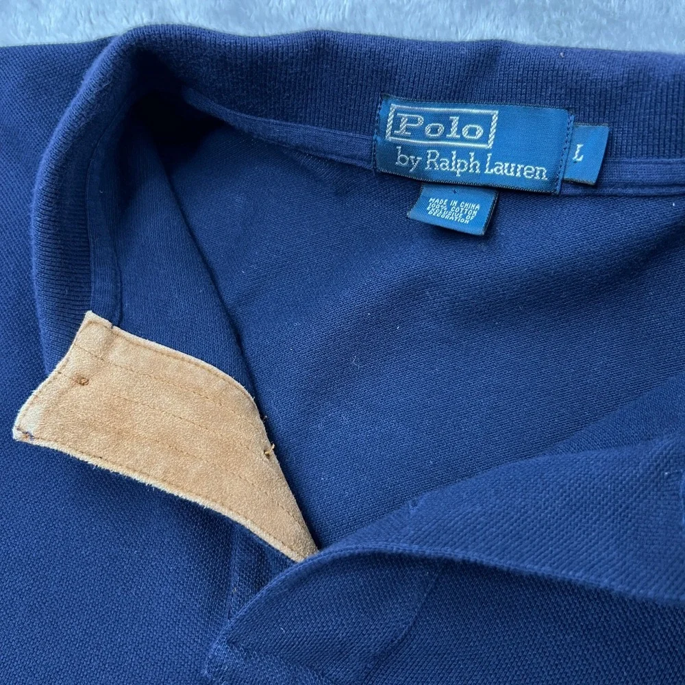 Polo Ralph Lauren‎ Classic Pique Polo Shirt Size L Navy Blue Preppy Suede Trim